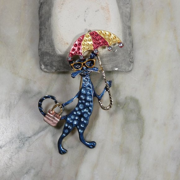 Sparkling Rhinestone Cool Cat, Kewl Kitty with Umbrella - Brooch Pin w/Gift Box - Picture 3 of 10